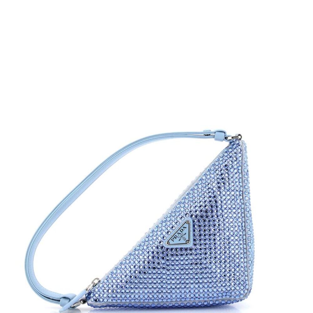 Prada Triangle Top Handle Pouch Bag Crystal Embellished Satin Mini Blue